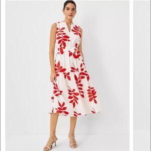 Leaf Split Neck Flare Midi Dress